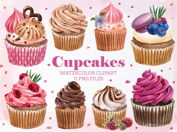 Watercolor cupcake clipart, Pink Sweets Clipart, Valentines cupcakes clipart,Chocolate cupcake PNG,Watercolor bakery clipart,Dessert clipart