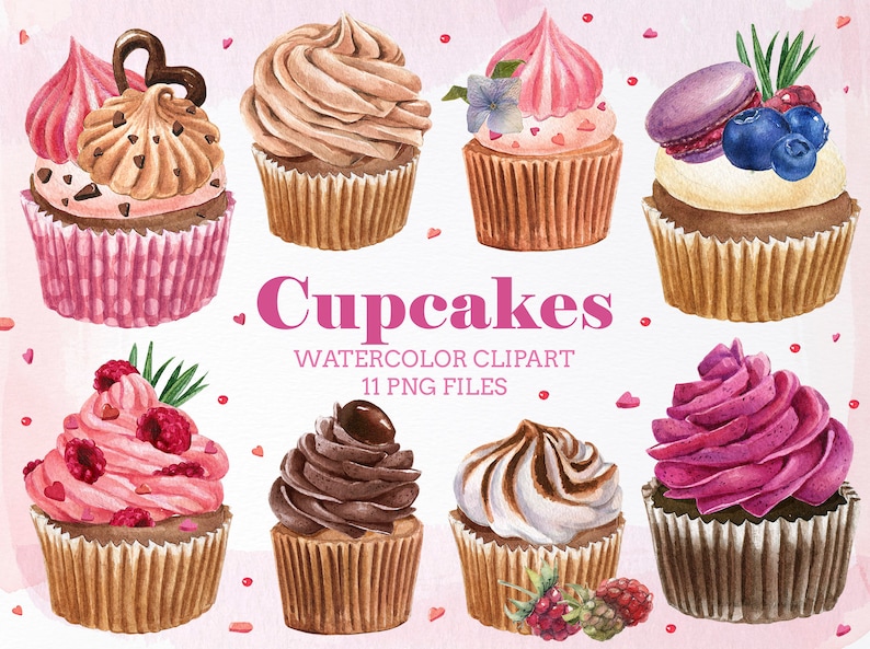 May include: Watercolor illustration of various cupcakes with different toppings, including frosting, berries, and a macaron. The image includes the text "Cupcakes" and "Watercolor Clipart 11 PNG Files."