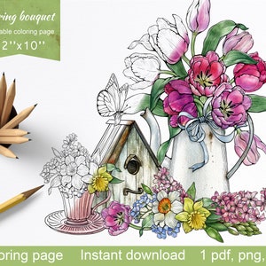 Tulip flowers bouquet adult coloring page,farmhouse gardening coloring page,Digital printable coloring sheets, Instant Download PDF,PNG,JPEG