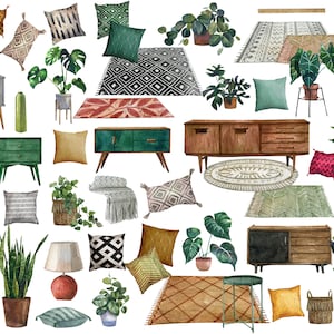 Watercolor furniture clipart, Trendy home creator, Boho Interior clipart, Cozy home clipart, Interior modern Furniture clipart,