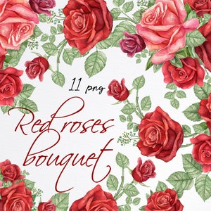 Watercolor red rose flower clipart,Burgundy rose bouquet,Floral border,Digital wedding bouquets,Vintage roses clipart.Instant download,PNG