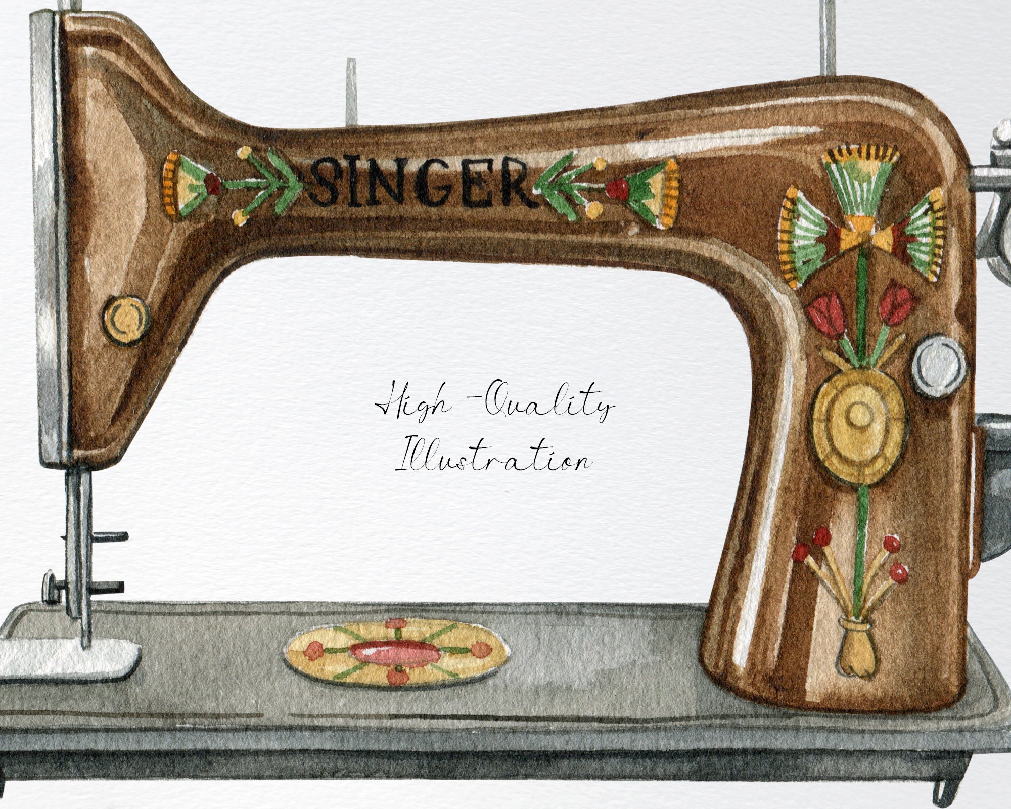 Watercolor Vintage Sewing Kit Clipart.embroidery,sewing Machine,fabric  Clipart,mannequin Clipart,needle,spool of Thread,stitching,button PNG  (Instant Download) …