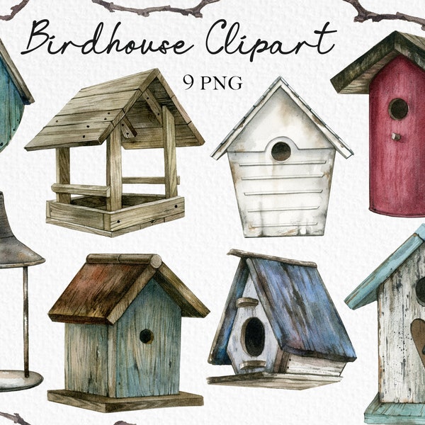 Watercolor birdhouse clipart,ephemera digital birds journal,Printable wooden rustic bird house,gardening,digital graphics,instant download