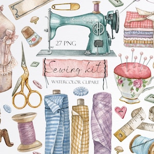 Watercolor vintage sewing kit clipart.Embroidery,Sewing machine,fabric clipart,Mannequin Clipart,Needle,spool of thread,Stitching,Button PNG