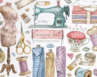 Watercolor vintage sewing kit clipart.Embroidery,Sewing machine,fabric clipart,Mannequin Clipart,Needle,spool of thread,Stitching,Button PNG
