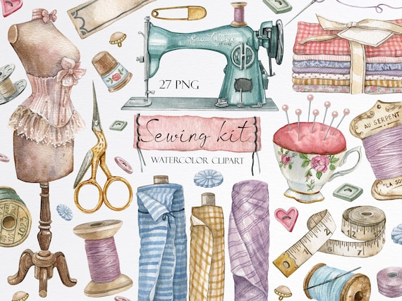 Watercolor Vintage Sewing Kit Clipart.embroidery,sewing Machine,fabric  Clipart,mannequin Clipart,needle,spool of Thread,stitching,button PNG  (Instant Download) …