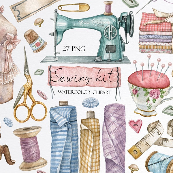 Clipart de kit de couture vintage aquarelle. Broderie, machine à coudre, clipart tissu, clipart mannequin, aiguille, bobine de fil, couture, bouton PNG