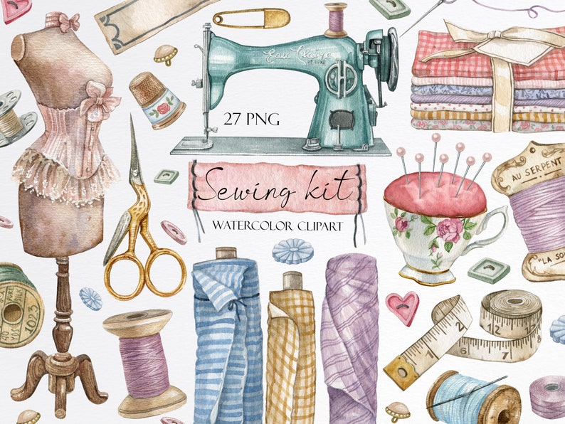 May include: A watercolor illustration of a sewing kit with 27 PNG images. The kit includes a sewing machine, a vintage-style dress form, spools of thread, fabric, buttons, a pincushion, scissors, and a measuring tape. The text "Sewing kit Watercolor clipart" is included in the image.