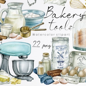 Clipart de padaria em aquarela.Clipart de suprimentos de cozimento, design de logotipo de padaria, clipart de comida digital, estilo retro.Utensílios de cozinha vintage,Cooking.PNG.