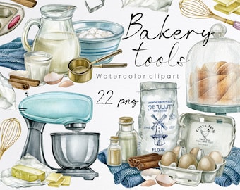 Watercolor bakery clipart.Baking supplies clipart,bakery logo design,digital food  clipart,retro style.Vintage Kitchen Utensils,Cooking.PNG.