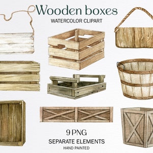 Aquarell leere Holzkiste Clipart, rustikale Holzschild Clipart, Gartengeräte Clipart, Bauernmarkt, Holzscheibe Clipart, Bauernhaus Korb PNG
