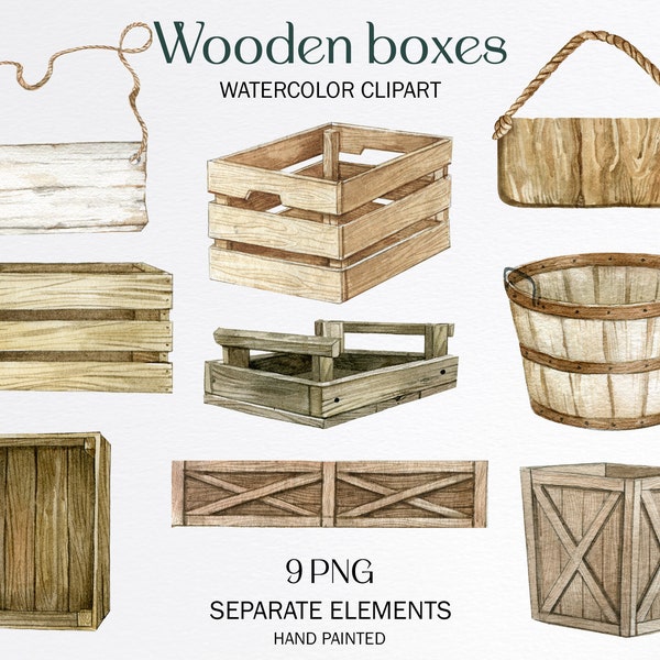 Watercolor empty wooden box clipart,rustic wooden sign clipart,Garden Tools Clipart,Farmers Market,wood slice clipart,Farmhouse basket PNG