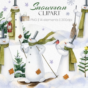 Clipart di pupazzo di neve ad acquerello, clipart di Natale, simpatico pupazzo di neve con sciarpa e uccello, illustrazioni delle vacanze invernali di Natale, download digitale, PNG