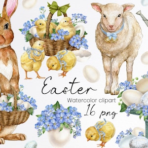 Clipart di Pasqua ad acquerello, clipart di coniglietto di Pasqua, cestino delle uova, pulcino, vacanze di primavera, agnello carino, pecora bianca, illustrazione, download immediato, PNG