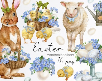 Watercolor easter clipart, Easter bunny clipart, egg basket, chick, spring holiday, cute lamb, white sheep,illustration,instant download,PNG