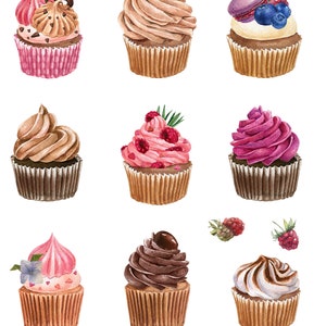 May include: Watercolor illustration of nine cupcakes with various toppings. Cupcakes feature chocolate, pink, and white frosting, with decorations like berries, a macaron, and chocolate curls. Each cupcake sits in a brown paper liner.