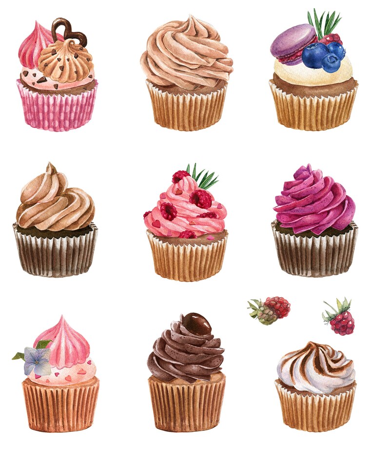 May include: Watercolor illustration of nine cupcakes with various toppings. Cupcakes feature chocolate, pink, and white frosting, with decorations like berries, a macaron, and chocolate curls. Each cupcake sits in a brown paper liner.