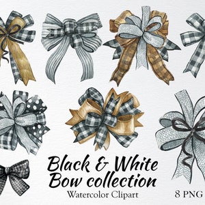 Puede incluir: Colección de imágenes prediseñadas de acuarela de ocho lazos en blanco y negro. Los lazos presentan varios patrones, incluyendo cuadros, lunares y galones, con acentos dorados. El texto "Black & White Bow collection" se muestra debajo.