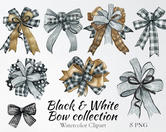 Aquarel Bow clipart, zwart-wit lint, Buffalo Plaid Bow afbeelding, digitale boerderij Bow, Stripped Bow, Wreath Bow PNG, instant download