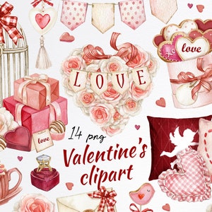Watercolor Valentines Day Clipart.Rose flower clipart,cake pops,Pink sweets clipart,Heart Cookie,hot chocolate mug,Love Wedding graphics.PNG