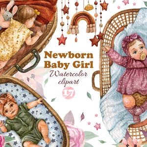 Clipart de menina recém-nascida, Clipart de bebê boho aquarela, Menina dormindo, Clipart de maternidade, Clipart de chá de bebê, Berçário de recém-nascidos, Digital, PNG