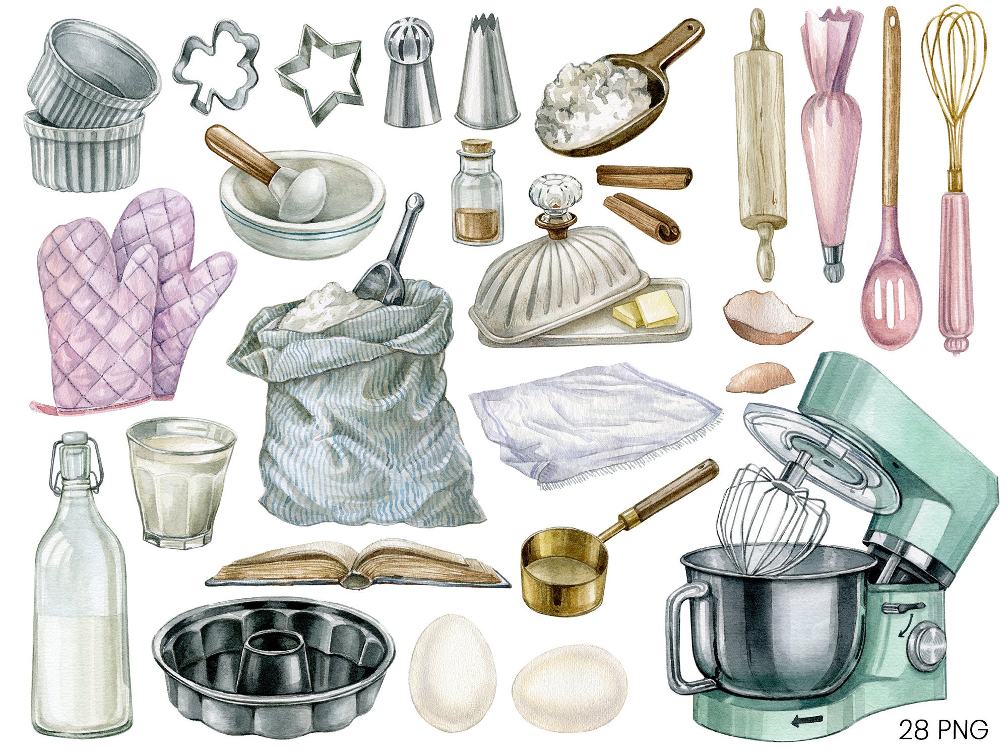 Bakery Watercolor Clipart, Kitchen Baking Tools and Supplies