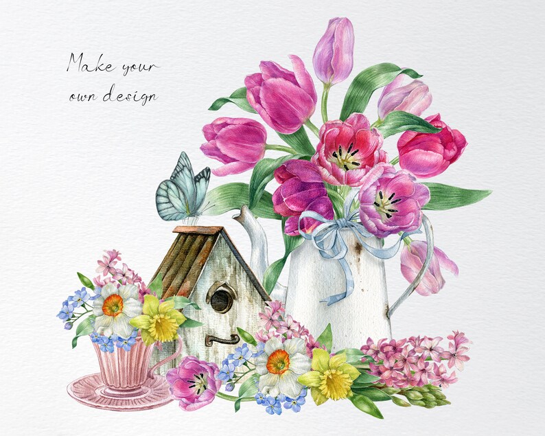 May include: A watercolor painting of a vintage birdhouse, a pink teacup with flowers, a butterfly, and a white pitcher filled with pink tulips. The text "Make your own design" is written in the top left corner.
