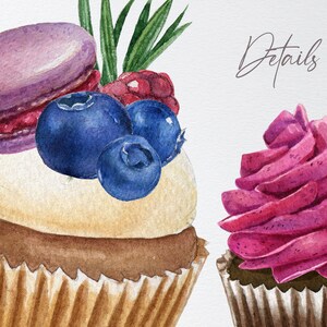 May include: Watercolor illustration of two cupcakes. One cupcake is topped with a purple macaron, blueberries, and a raspberry. The other cupcake has pink frosting. The word "Details" is written in cursive.