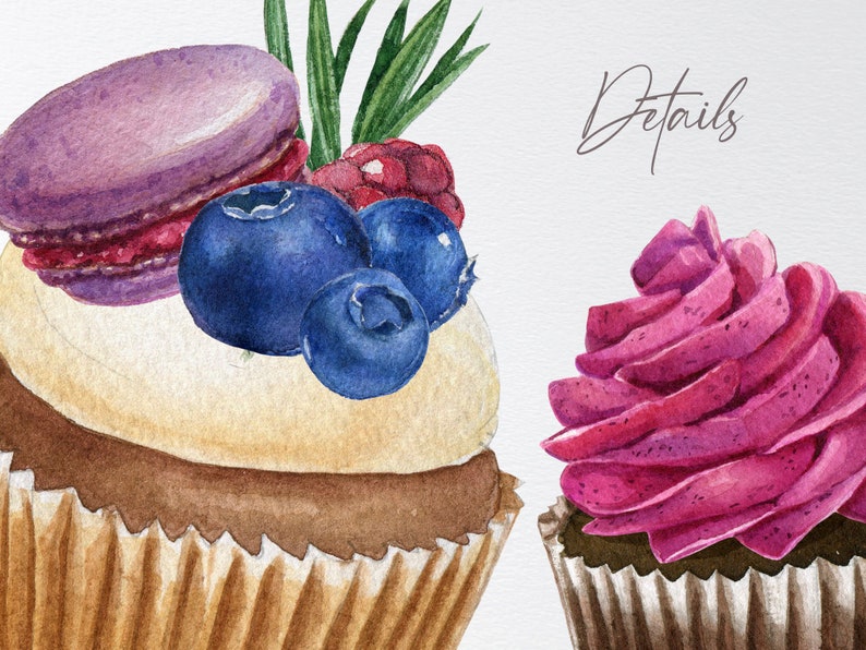 May include: Watercolor illustration of two cupcakes. One cupcake is topped with a purple macaron, blueberries, and a raspberry. The other cupcake has pink frosting. The word "Details" is written in cursive.