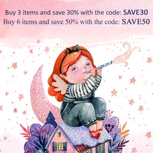 May include: A watercolor illustration of a red-haired angel with wings sitting on a pink crescent moon. The angel is playing a flute and blowing out a puff of smoke. The background is a pink sky with white stars. The text "Buy 3 items and save 30% with the code: SAVE30 Buy 6 items and save 50% with the code: SAVE50" is at the top of the image.