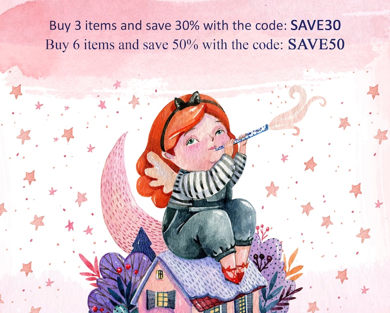 May include: A watercolor illustration of a red-haired angel with wings sitting on a pink crescent moon. The angel is playing a flute and blowing out a puff of smoke. The background is a pink sky with white stars. The text "Buy 3 items and save 30% with the code: SAVE30 Buy 6 items and save 50% with the code: SAVE50" is at the top of the image.