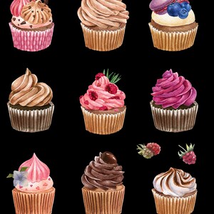 May include: Watercolor illustration of nine cupcakes with various toppings, including chocolate, pink frosting, berries, and a macaron. Each cupcake sits in a brown paper liner against a black background. The cupcakes are decorated with chocolate shavings, raspberries, and blueberries.