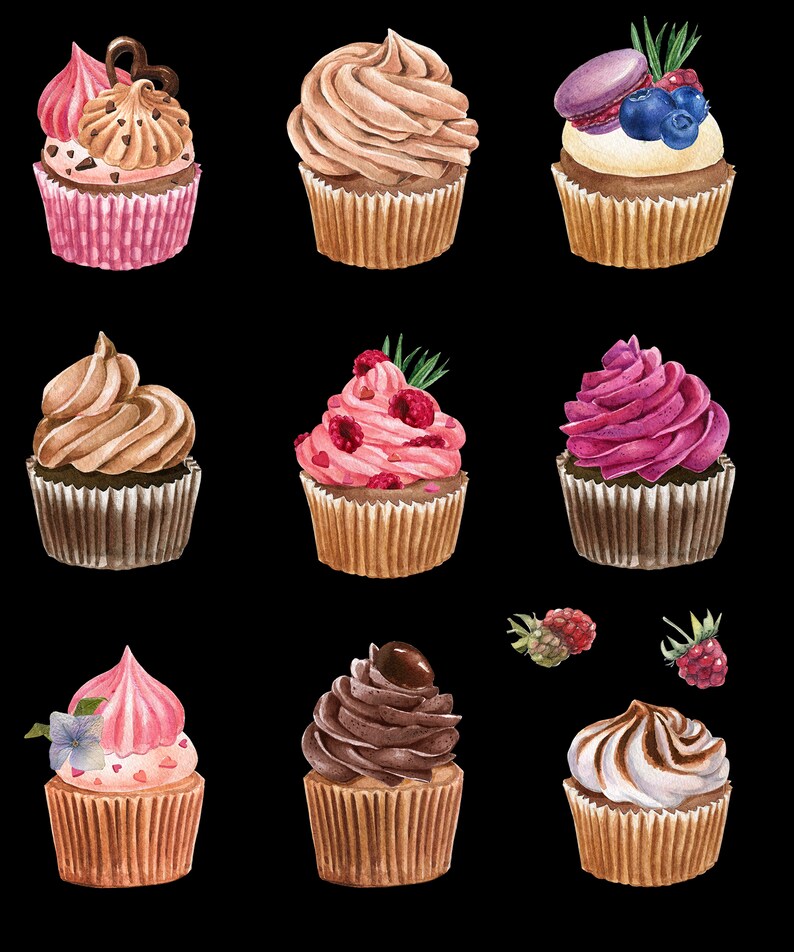 May include: Watercolor illustration of nine cupcakes with various toppings, including chocolate, pink frosting, berries, and a macaron. Each cupcake sits in a brown paper liner against a black background. The cupcakes are decorated with chocolate shavings, raspberries, and blueberries.
