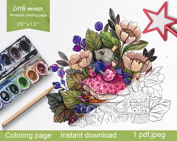 Fairy little mouse adult coloring page PDF.Cute little mouse coloring page for kids,Digital printable floral coloring sheet,Instant Download