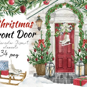 以下が含まれることがあります： クリスマスの玄関のシーンを描いた水彩イラスト。赤いドアは緑とスケート靴の装飾的なリースで縁取られています。2本の小さなクリスマスツリーがドアの両側にバスケットに入っており、雪の中にはプレゼントを載せたそりがあります。