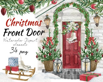 Christmas front door clipart,Winter holiday door scene creator,Watercolor outdoor Xmas decoration PNG. Nutcracker Soldier,Xmas tree,Lantern