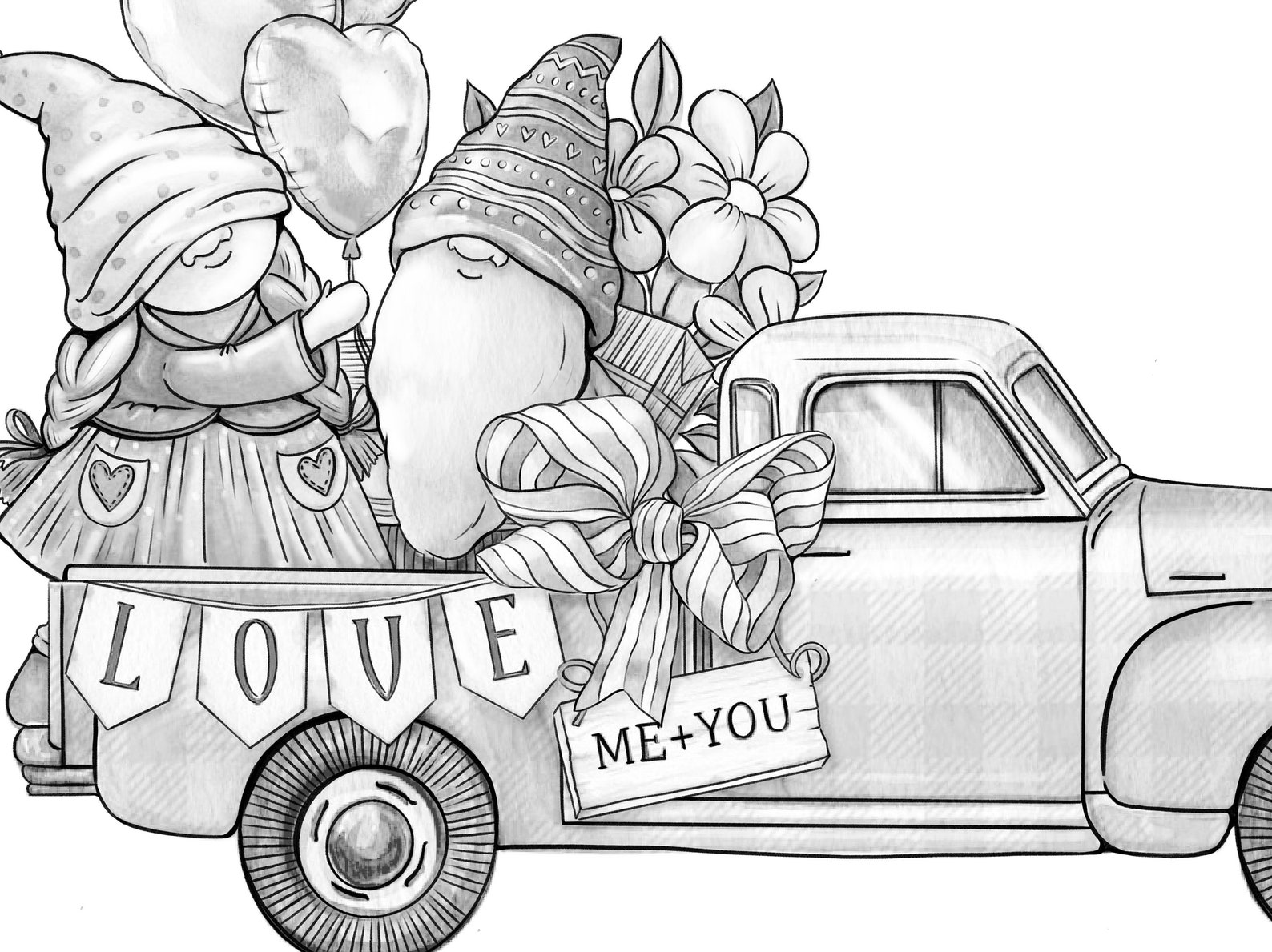 Valentine Gnome Truck Adult Coloring Pagelove Coloring Page - Etsy