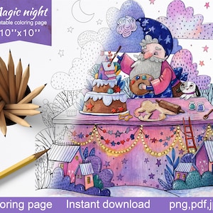 Kolorowanka dla dorosłych z bajką w formacie PDF. Słodki mały czarodziej gnom kolorowanka dla dzieci, Cyfrowa kolorowanka fantasy do druku, Natychmiastowe pobieranie