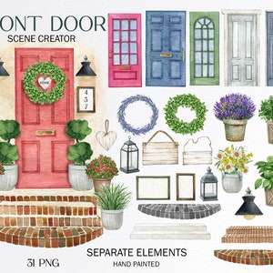 Aquarel voordeur clipart. Maker van de scène van de lentedeur. Nieuwe huisillustraties, veranda van het huis, familieportret van het huis, instant download, digitaal, png