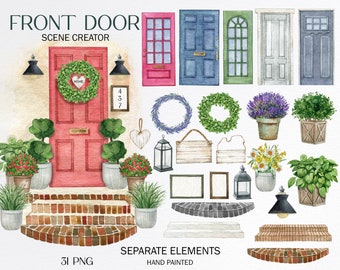 Watercolor Spring Door Clipart: Home Scene Creator (PNG Digital Download)