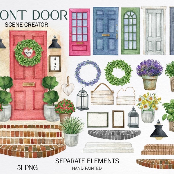 Watercolor front door clipart.Spring door scene creator.New home illustrations,Home porch, Home family portrait,Instant download,digital,PNG