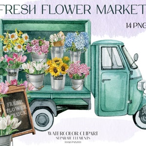 水彩画の花市場の車のクリップアート、春の花のトラック、花スタンドのカート、花のバケツ、デジタル花屋の手押し車、即時ダウンロード、PNG