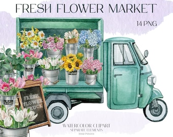 Watercolor flower market car clipart,spring flower truck, flower stand cart,Flower bucket,digital florist wheelbarrow,instant download,PNG