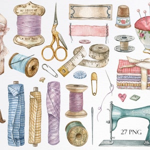 May include: A collection of vintage sewing supplies, including spools of thread, fabric scraps, a sewing machine, a thimble, a measuring tape, and a dress form. The supplies are painted in a watercolor style.