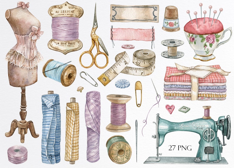 May include: A collection of vintage sewing supplies, including spools of thread, fabric scraps, a sewing machine, a thimble, a measuring tape, and a dress form. The supplies are painted in a watercolor style.