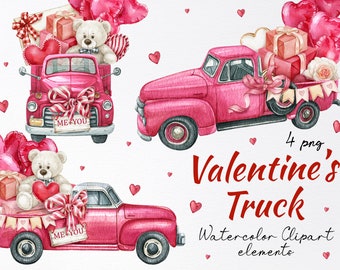 Watercolor Valentine's Day clipart,Valentine pink truck,Heart balloons,Love wedding car graphics,instant download,Sublimation,digital,PNG