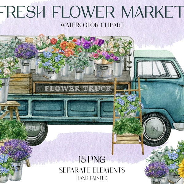 Watercolor flower market truck clipart,spring flower car,flower stand cart,Flower bucket,florist delivery,digital,instant download,PNG