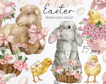 Watercolor easter clipart, Easter bunny clipart, egg basket, chick, spring holiday, cute lamb, white sheep,illustration,instant download,PNG