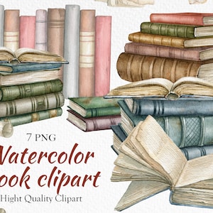 Aquarel boek clipart, vintage boeken stapel, studie items illustraties, lezen clipart, literatuur clipart, oude open boekpagina's PNG, instant download