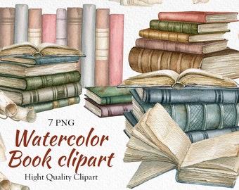 Aquarel boek clipart, vintage boeken stapel, studie items illustraties, lezen clipart, literatuur clipart, oude open boekpagina's PNG, instant download